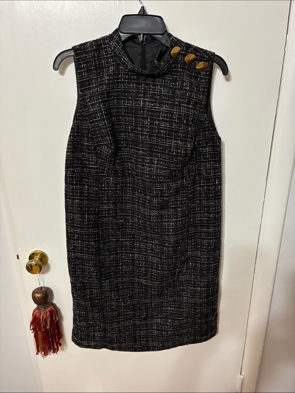 Donna Karan Black Tweed Mini Dress with Gold Buttons